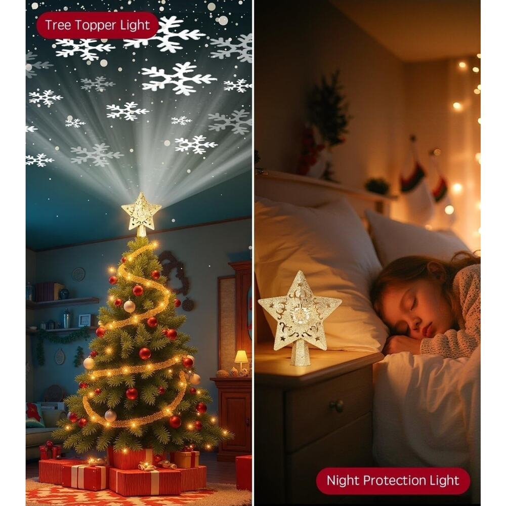 LED Christmas Tree Topper Projector Gold Star 360° Rotating Snowflake Light -... - Picture 4 of 8